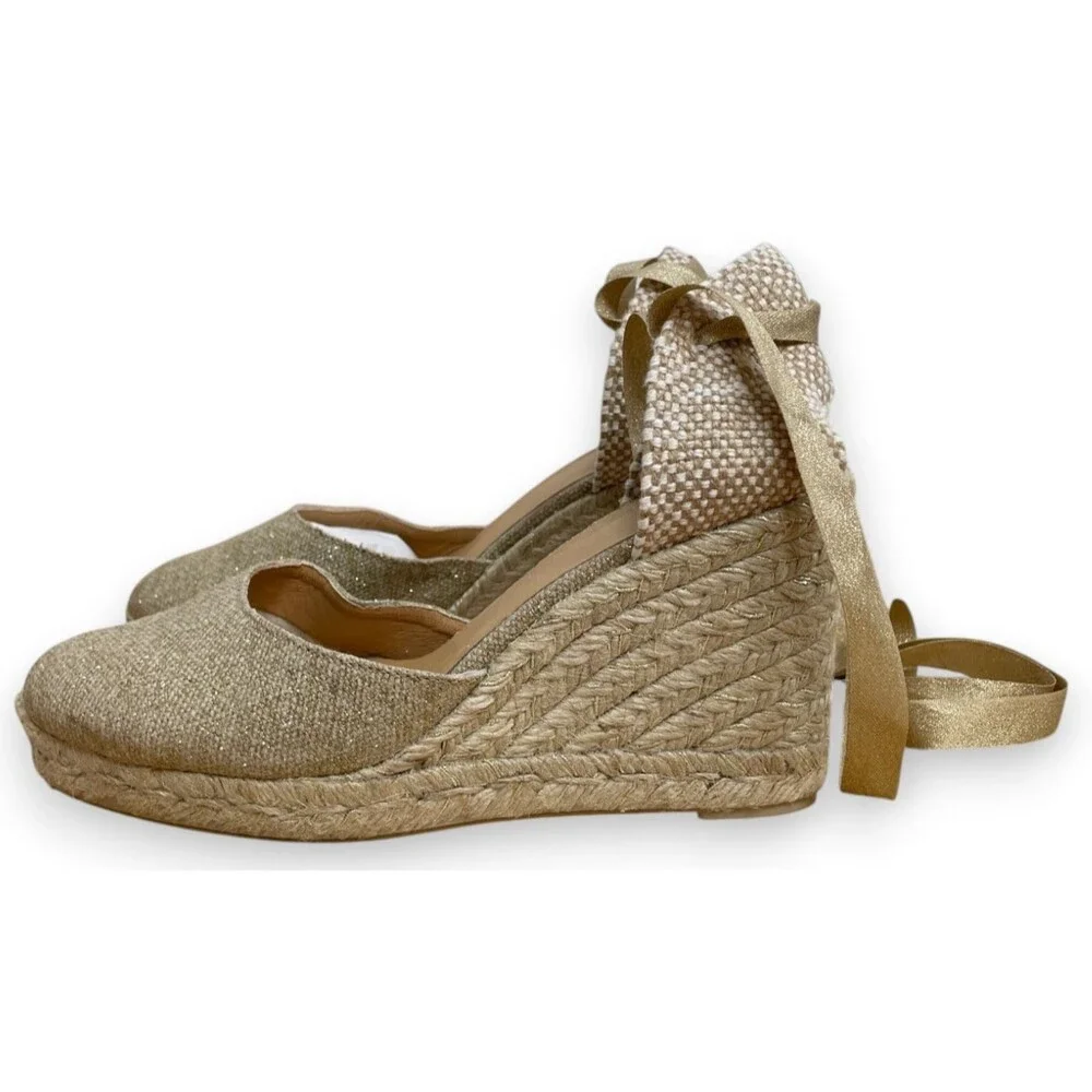 Castaner Carina Wedge Espadrilles Womens 38 7.5 Gold Wedges Sandals Lace Up New